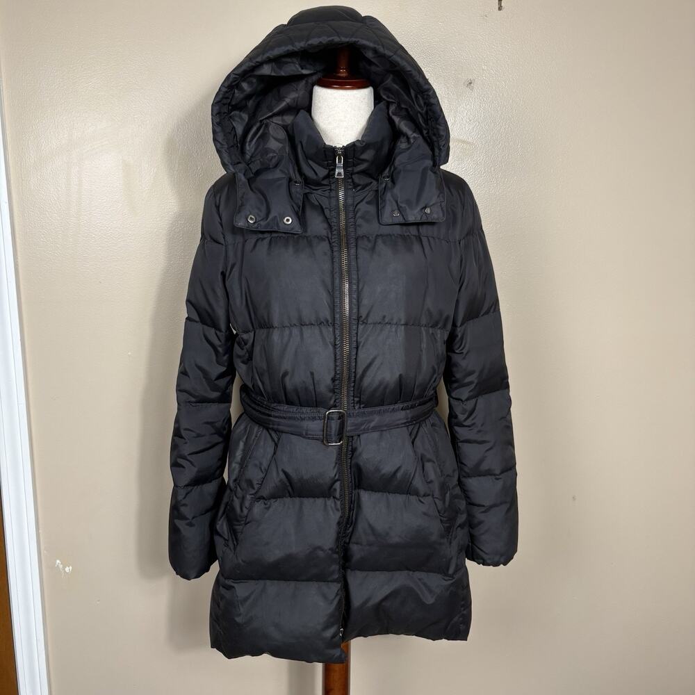 Coach Womens Black Belted Puffer Coat Sz L Hooded Long Down Jacket Winter Parka